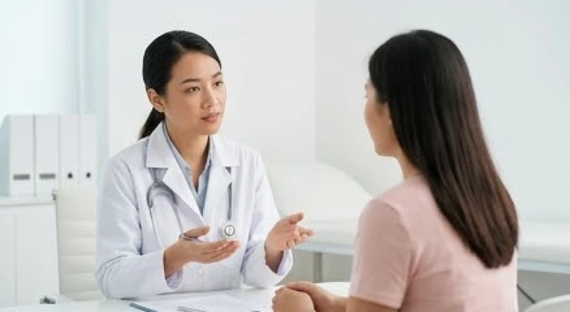Bác sĩ nữ đang trò chuyện và tư vấn sức khỏe cho bệnh nhân trong phòng khám