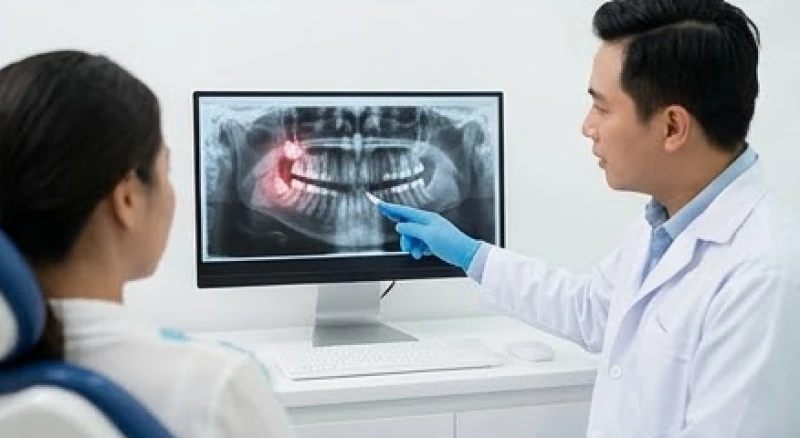 Cắn vào má trong khi ăn là điềm gì? Ý nghĩa theo giờ & sơ cứu 6 Bác sĩ nha khoa đang chỉ vào phim chụp X-quang để giải thích về tình trạng răng khôn đâm ngang