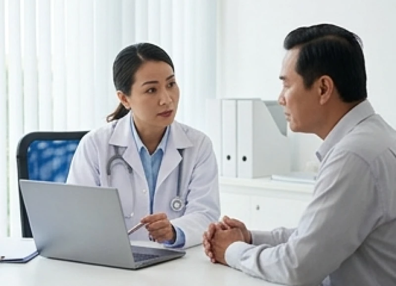 Sức khỏe tuổi Thân: Lịch khám y tế và thực đơn phòng bệnh 2 Bác sĩ tư vấn kết quả khám sức khỏe tổng quát cho bệnh nhân trung niên tại phòng khám