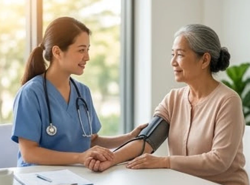 Bác sĩ đang đo huyết áp cho một người phụ nữ lớn tuổi nhằm theo dõi sức khỏe trong năm có hạn Diêm Vương