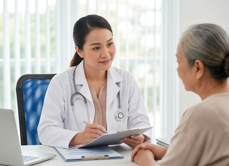 Bác sĩ đang tận tình tư vấn kết quả khám tổng quát cho một bệnh nhân tại phòng khám hiện đại