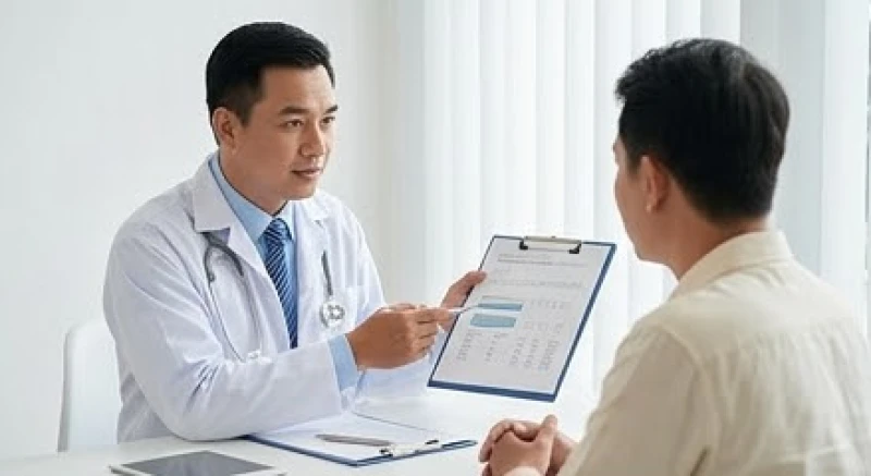Bác sĩ chuyên khoa đang tư vấn phác đồ chăm sóc sức khỏe tổng quát cho một bệnh nhân tại phòng khám hiện đại