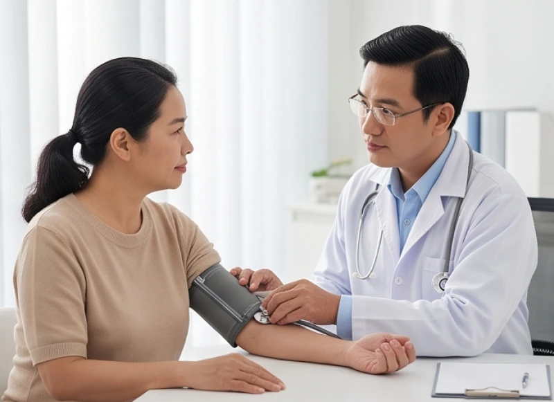 Sức khỏe tuổi Hợi năm 2027: Dự báo bệnh lý theo từng năm sinh 2 Bác sĩ đang đo huyết áp cho bệnh nhân lớn tuổi trong một buổi khám sức khỏe định kỳ