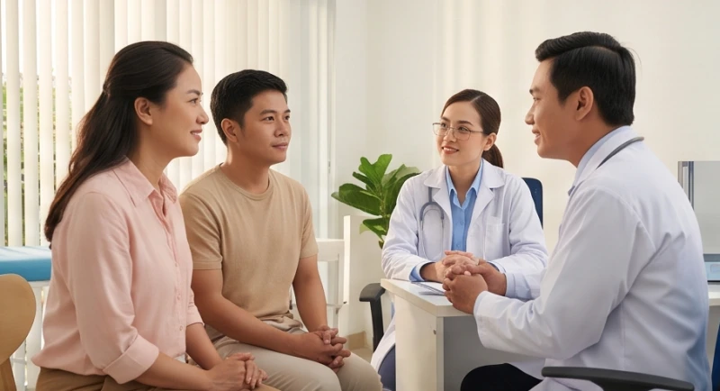 Hai vợ chồng ngồi nghe bác sĩ tư vấn sức khỏe tại một phòng khám sạch sẽ và hiện đại