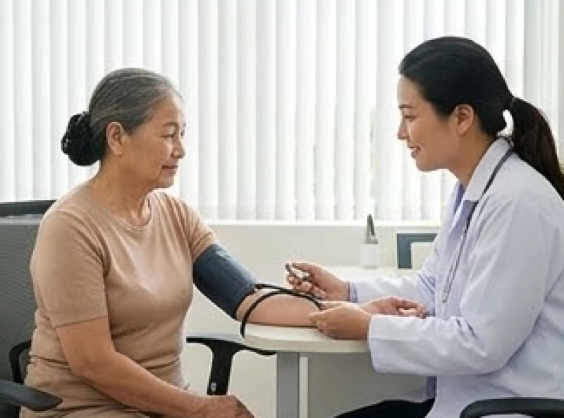 Bác sĩ đang cẩn thận đo huyết áp cho bệnh nhân trong một đợt khám sức khỏe tổng quát
