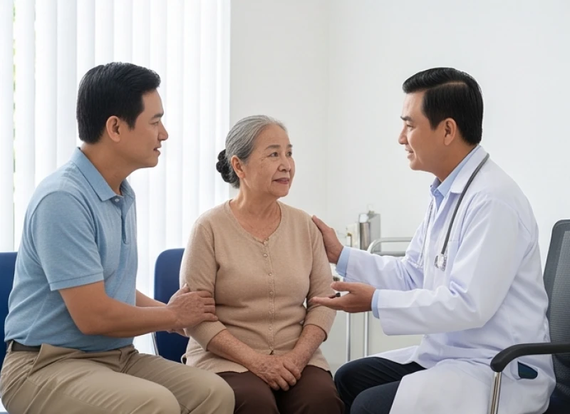 Đưa cụ bà đi thăm khám sức khỏe định kỳ tại phòng khám chuyên khoa vào tháng 4