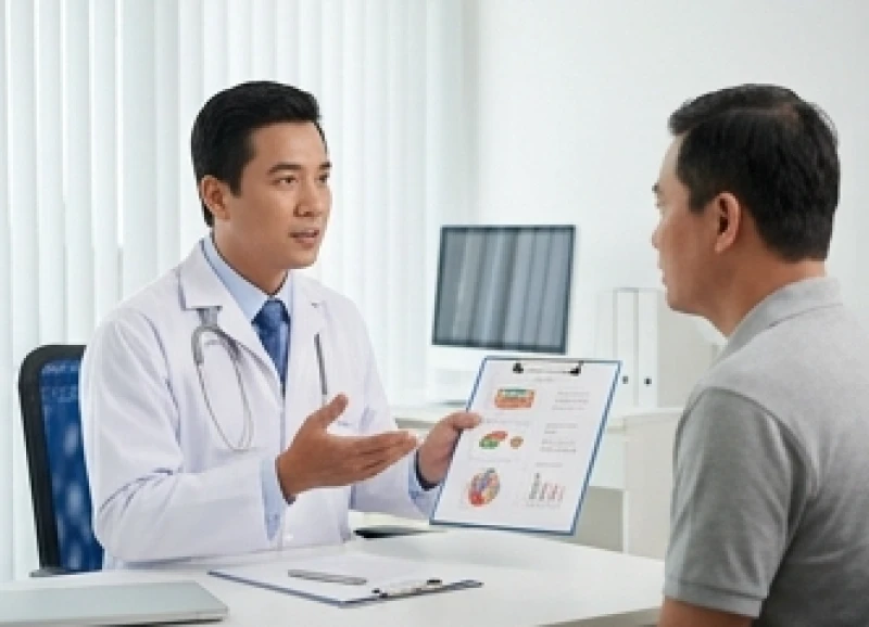 Sức khỏe tuổi Tý năm 2027: Đánh giá từng nạp âm và phòng ngừa 7 Bác sĩ đang tư vấn kết quả khám sức khỏe tổng quát định kỳ cho một bệnh nhân nam