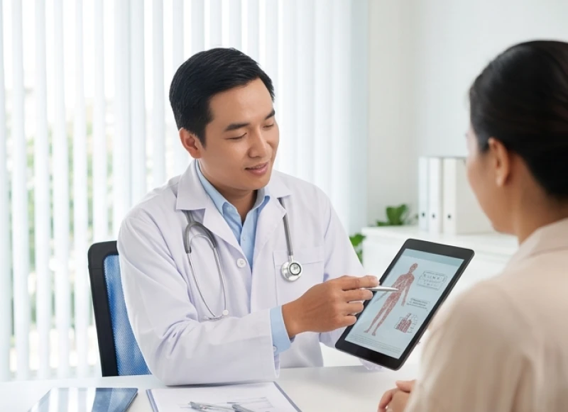 Bác sĩ và bệnh nhân trao đổi về lịch trình khám định kỳ bảo vệ sức khỏe tuổi tỵ