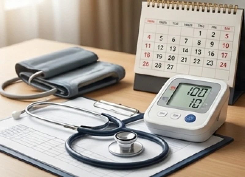 Máy đo huyết áp và ống nghe y tế đặt cạnh cuốn lịch bàn trong phòng khám chuyên khoa