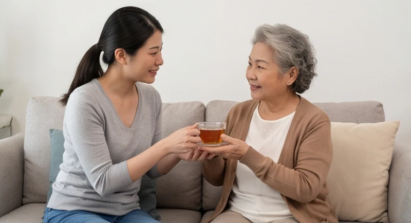 Mơ thấy người khác khoả thân: Điềm báo và cách giải tỏa tâm lý 3 Người con gái ân cần rót nước ấm cho người mẹ lớn tuổi đang ngồi nghỉ ngơi trên chiếc ghế sofa