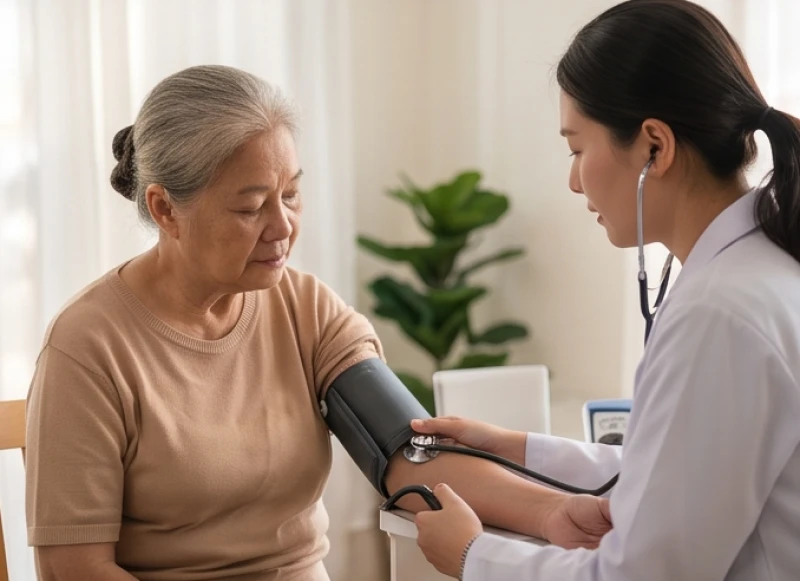 Người cao tuổi đang được đo huyết áp và kiểm tra sức khỏe tổng quát định kỳ tại nhà