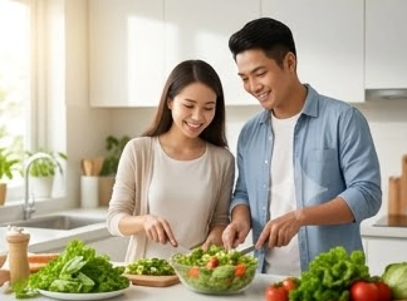 Cặp vợ chồng trẻ tuổi đang vui vẻ chuẩn bị bữa ăn dinh dưỡng với nhiều rau xanh và trái cây tươi mát