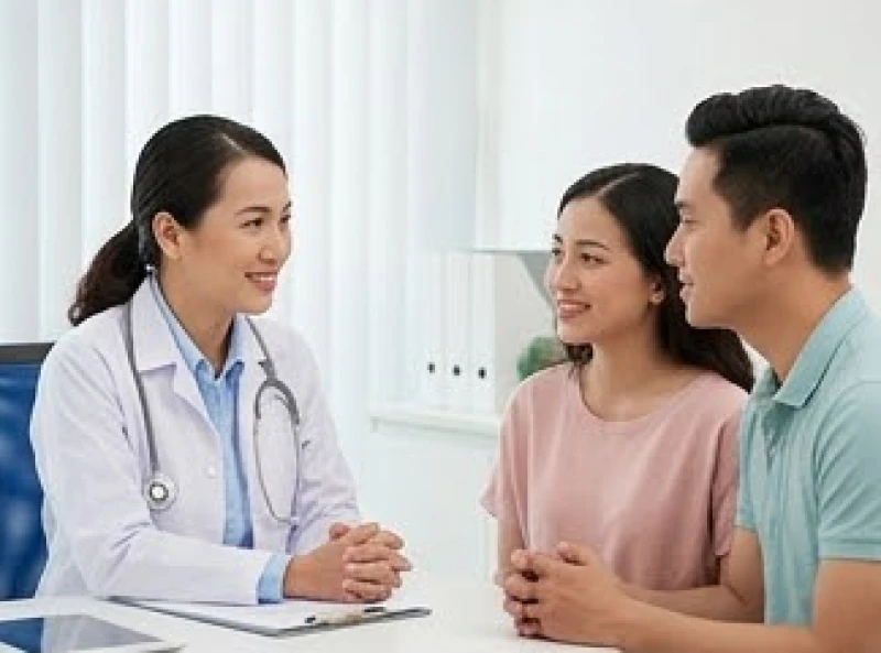 Bác sĩ ân cần tư vấn sức khỏe cho hai vợ chồng để chuẩn bị nền tảng thể chất tốt nhất