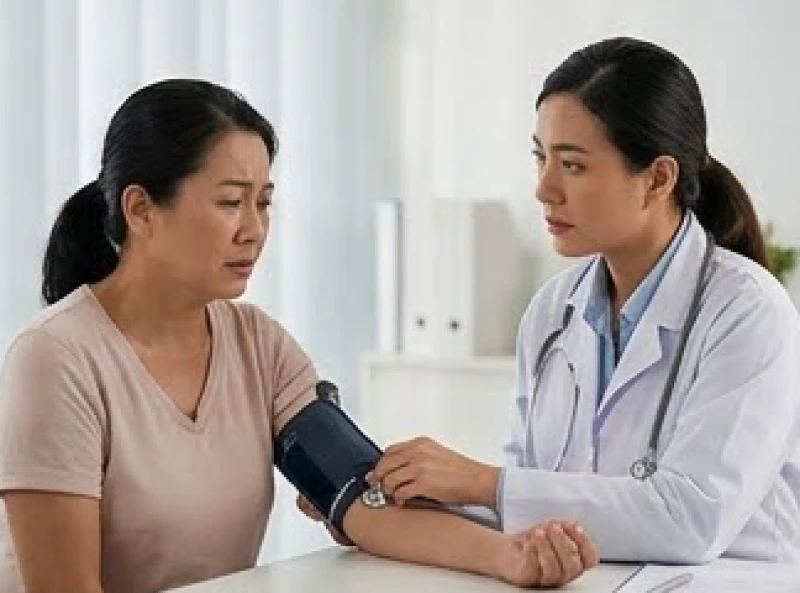 Bác sĩ đang đo huyết áp và kiểm tra sức khỏe tổng thể cho bệnh nhân sau nhiều đêm mất ngủ triền miên