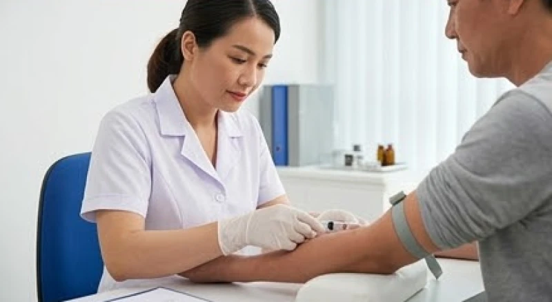 Sức khỏe tuổi Tuất năm 2027: Cảnh báo bệnh lý và cách hóa giải 6 Nhân viên y tế đang lấy mẫu máu xét nghiệm cho bệnh nhân để kiểm tra các chỉ số sinh hóa và chức năng gan thận