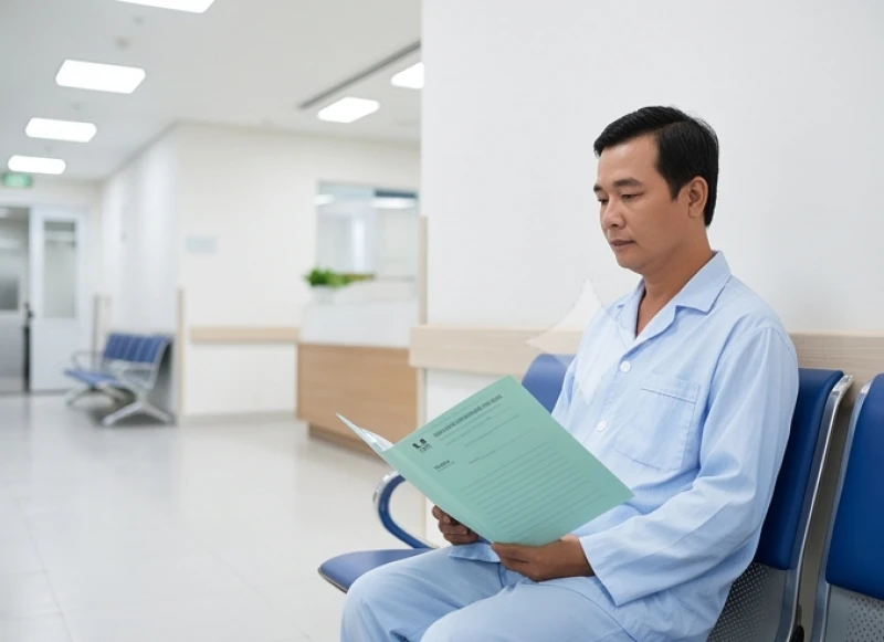 Sức khỏe tuổi Ngọ năm 2027: Tháng kỵ và rủi ro bệnh lý nam nữ 11 Bệnh nhân đang ngồi xem kết quả chụp X-quang và xét nghiệm tại sảnh bệnh viện hiện đại