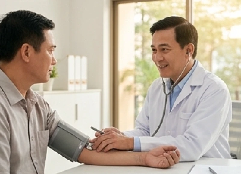 Sức khỏe tuổi Mùi năm 2027: Dự báo bệnh lý và lịch tháng hạn 1 Bác sĩ đang kiểm tra huyết áp và tư vấn sức khỏe tổng quát cho bệnh nhân trung niên