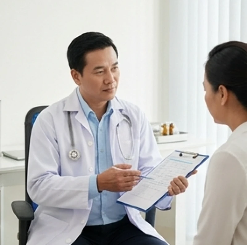 Sức khỏe tuổi Mùi năm 2026: Lịch tầm soát và thực đơn phòng bệnh 1 Bác sĩ chuyên khoa đang tư vấn cặn kẽ về các rủi ro bệnh lý cho một bệnh nhân tại phòng khám hiện đại