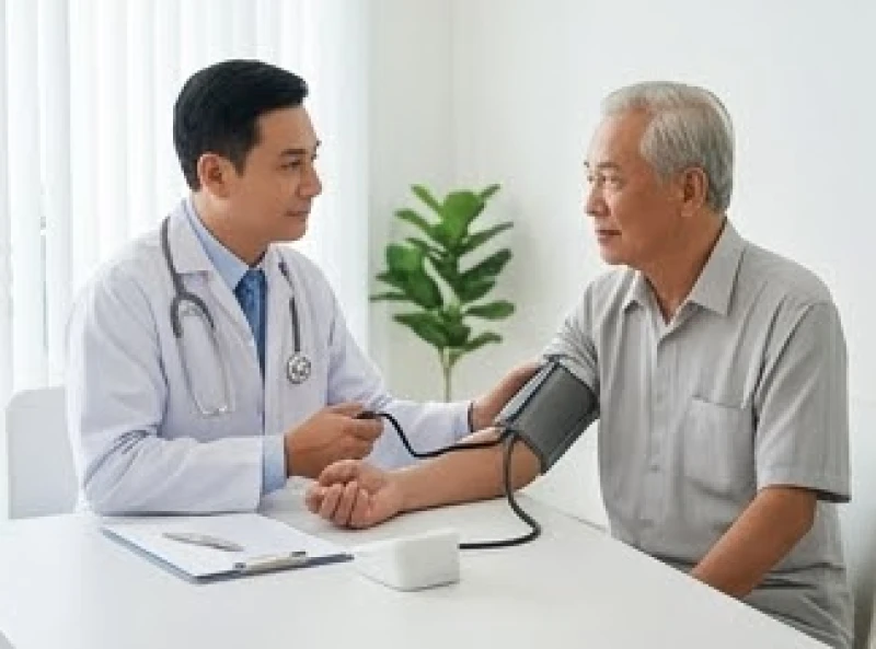 Bác sĩ tận tình kiểm tra huyết áp cho một bệnh nhân nam cao tuổi tại phòng khám