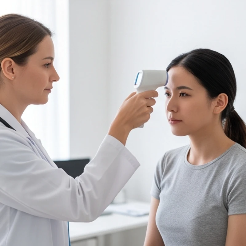 Nữ bệnh nhân được bác sĩ đo thân nhiệt và kiểm tra tai mũi họng kỹ lưỡng