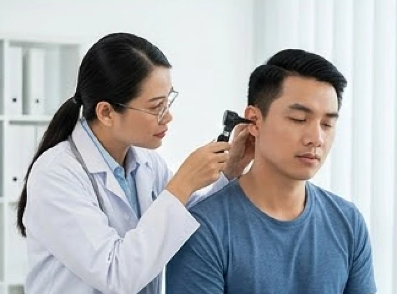 Ù tai là điềm gì: Tra cứu theo giờ và góc nhìn y khoa 9 Bác sĩ chuyên khoa đang sử dụng ống soi tai để kiểm tra màng nhĩ cho bệnh nhân bị ù tai