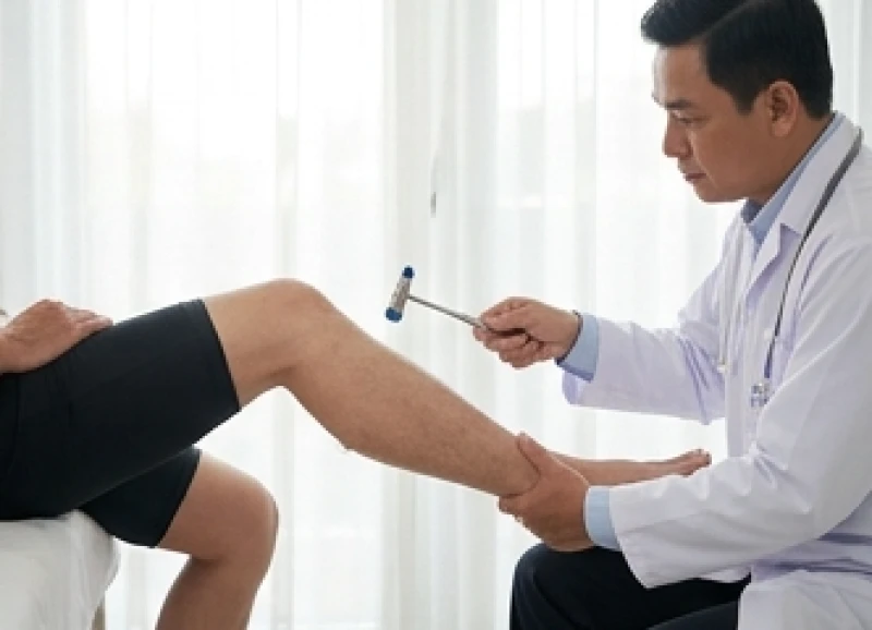 Bác sĩ đang kiểm tra phản xạ thần kinh ở vùng bắp chân và đầu gối của bệnh nhân nam