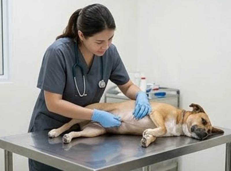 Chó hú ban đêm là điềm gì: Lý giải khoa học và cách khắc phục 9 Bác sĩ thú y cẩn thận dùng ống nghe kiểm tra vùng bụng cho một chú chó đang có biểu hiện mệt mỏi trên bàn khám bệnh