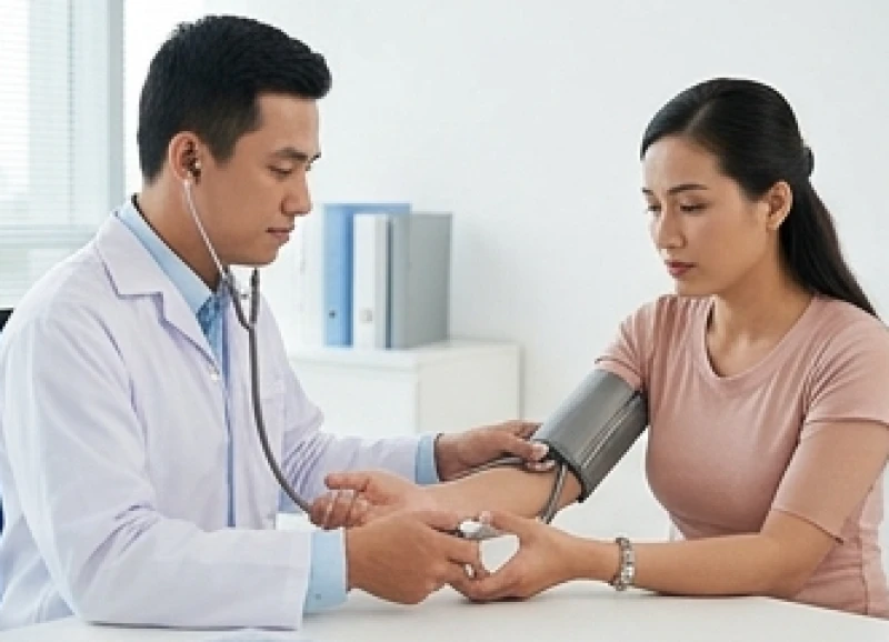 Bác sĩ kiểm tra huyết áp và xương khớp cho bệnh nhân trong đợt tầm soát y tế