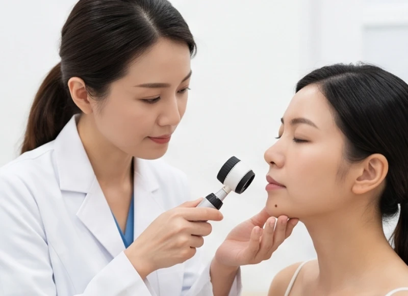 Bác sĩ da liễu soi và tư vấn tình trạng nốt ruồi ở cằm phải nữ