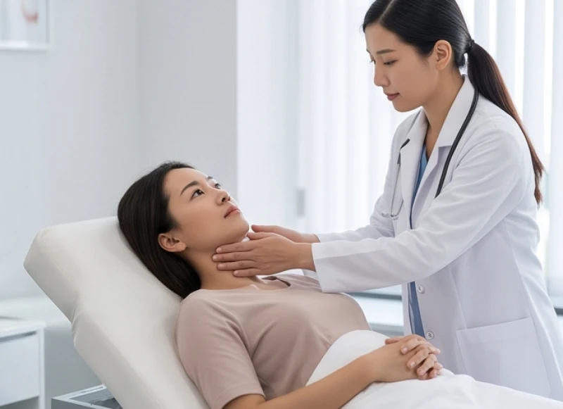 Bác sĩ tiến hành siêu âm vùng cổ cho phụ nữ để kiểm tra những bất thường ở sụn giáp và bệnh lý nội tiết