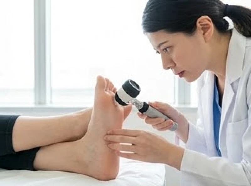 Bác sĩ da liễu sử dụng thiết bị chuyên dụng soi chiếu nốt ruồi bất thường ở lòng bàn chân