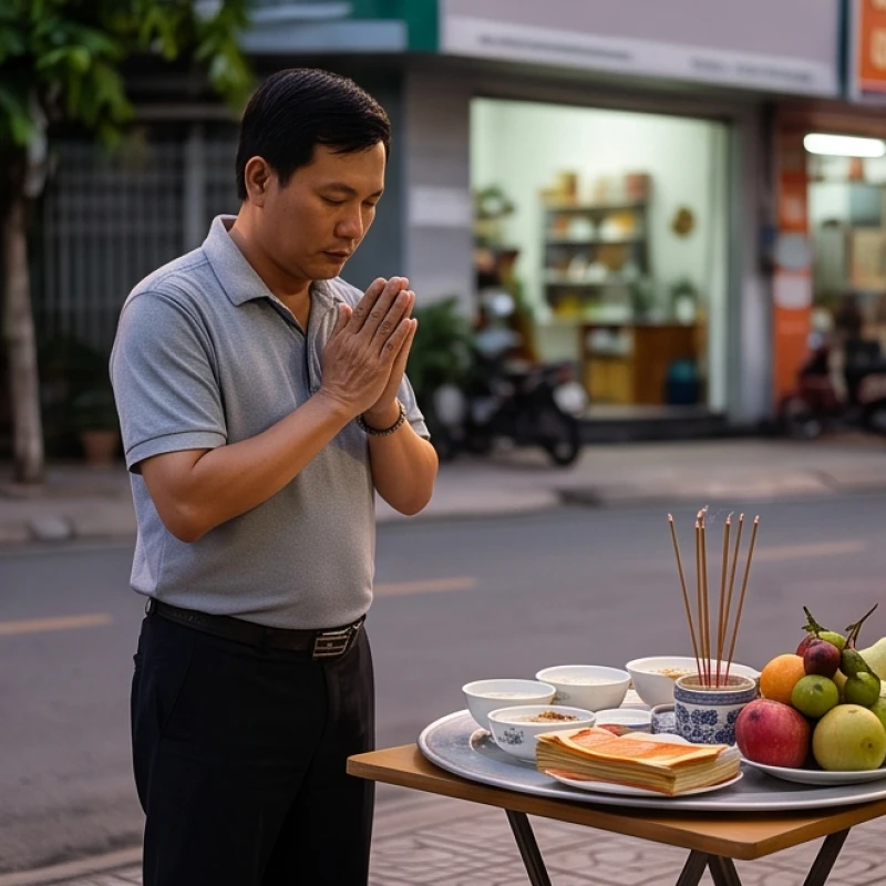 Chủ cửa hàng đang chắp tay khấn bái thành tâm trước mâm cúng chúng sinh đặt ở vỉa hè để cầu mua may bán đắt