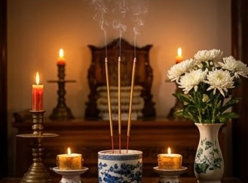 Không gian bàn thờ gia tiên ấm cúng với hương án thắp sáng trong nghi thức khấn bái vọng