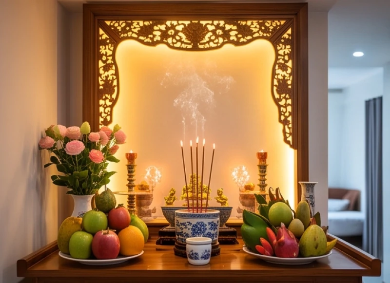 Văn khấn Quan Lớn Tuần Tranh: Bài khấn chuẩn và cẩm nang dâng lễ 8 Không gian ban thờ gia tiên ấm cúng được thắp nhang sáng rực để tín chủ bái vọng cầu lộc buôn bán từ xa