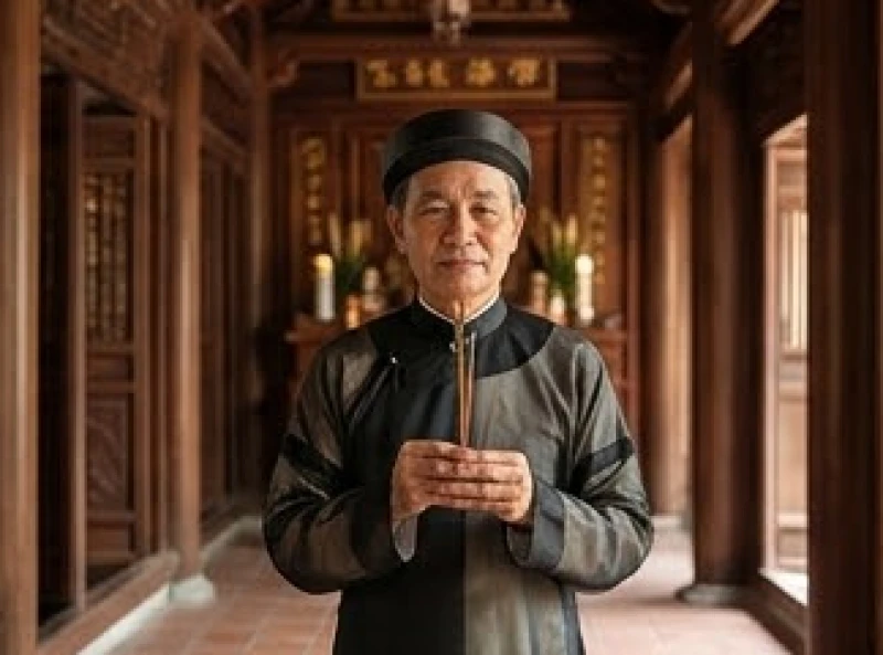Người trưởng họ mặc áo dài truyền thống dâng hương và đọc lời thưa gửi tại nhà thờ tổ