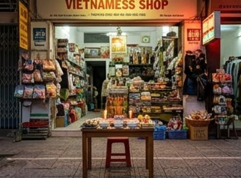 Mâm lễ cúng đặt trước cửa hàng buôn bán tấp nập với nhiều hàng hóa xung quanh