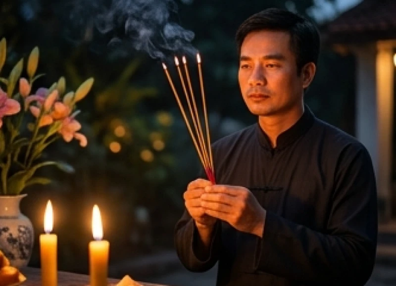 Người đàn ông mặc trang phục chỉnh tề thắp hương đọc văn khấn nghênh sao Thái Âm chiếu mệnh