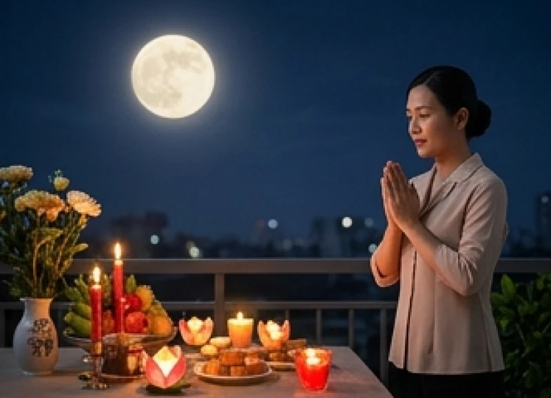 Người chủ lễ chắp tay thành kính đọc bài văn khấn dưới ánh trăng rằm