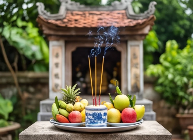 Mâm lễ nhỏ gồm hoa quả tươi và nhang đèn đặt tại đền Trình để xin phép thổ thần