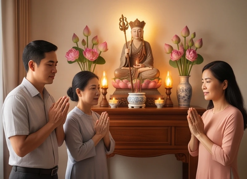 Văn khấn Địa Tạng tại nhà: Bài cúng cầu an, cầu siêu đúng lễ 7 Các thành viên trong gia đình cùng đứng chắp tay thành kính trước bàn thờ cầu bình an sức khỏe