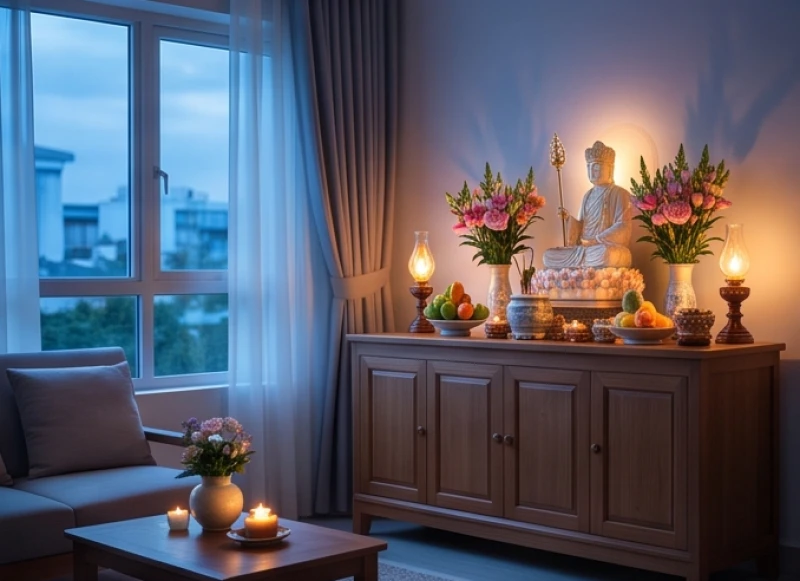 Văn khấn Địa Tạng tại nhà: Bài cúng cầu an, cầu siêu đúng lễ 5 Góc thờ tự Bồ Tát tĩnh lặng và ngập tràn ánh sáng thanh bình vào lúc sáng sớm tinh mơ