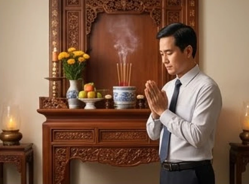 Người đàn ông chắp tay thành kính trước bàn thờ gia tiên khi đọc văn khấn cầu con trai