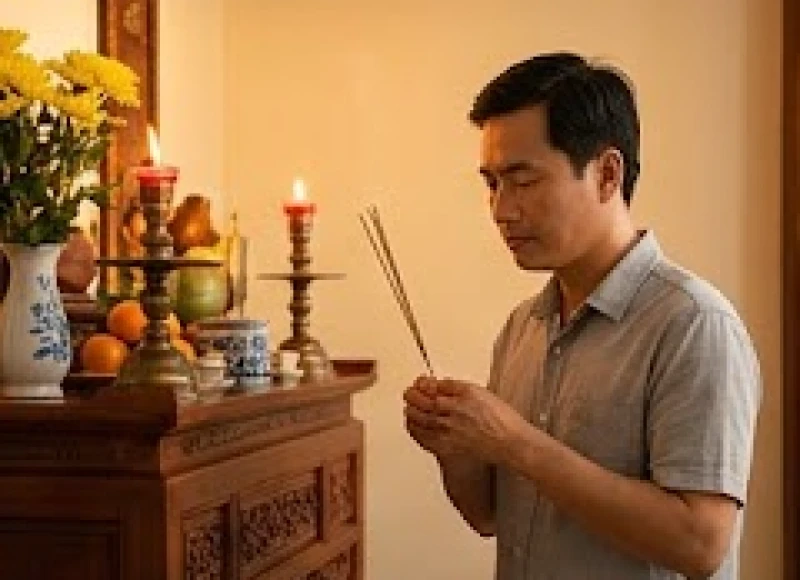 Gia chủ đứng trang nghiêm trước bàn thờ Tổ tiên, tay chắp nén nhang thành tâm đọc văn khấn cầu sức khỏe