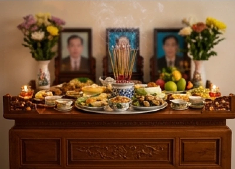 Không gian bàn thờ tổ tiên trầm mặc khói hương nghi ngút trong lúc gia chủ thành tâm tưởng nhớ ân đức sinh thành
