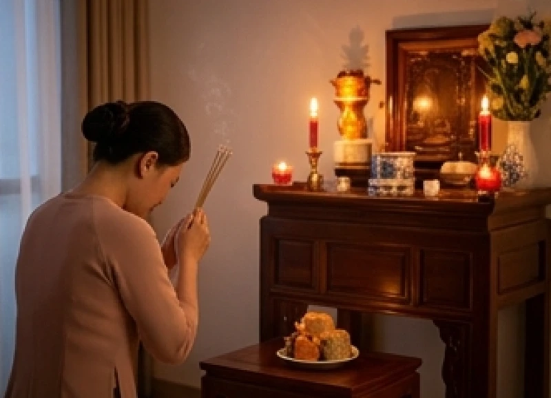 Gia chủ đứng trước ban thờ gia tiên thắp nhang và đọc bài khấn