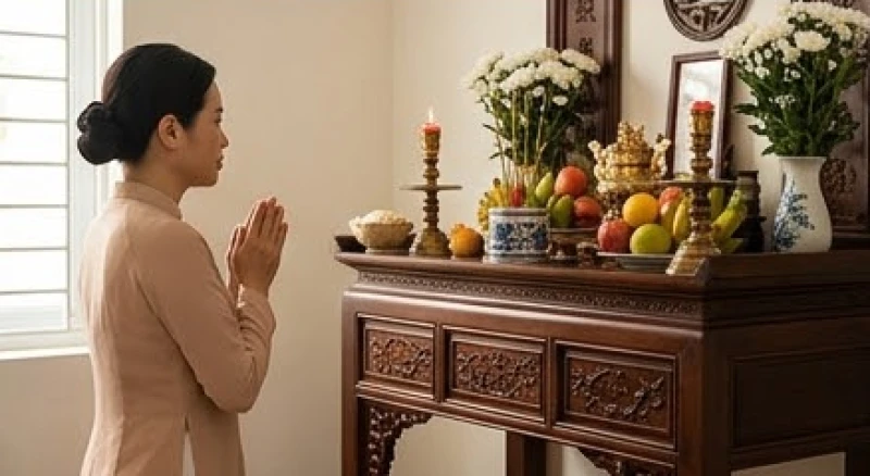 Người cha chắp tay thành kính khấn vái trước bàn thờ gia tiên để xin phép