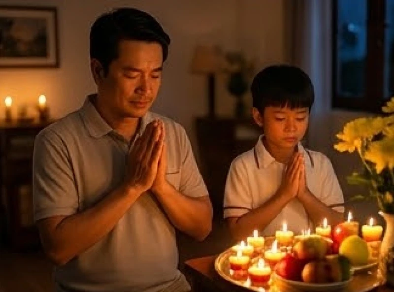 Người cha thành tâm chắp tay đứng vái trước linh án trong khi con trai đứng phía sau