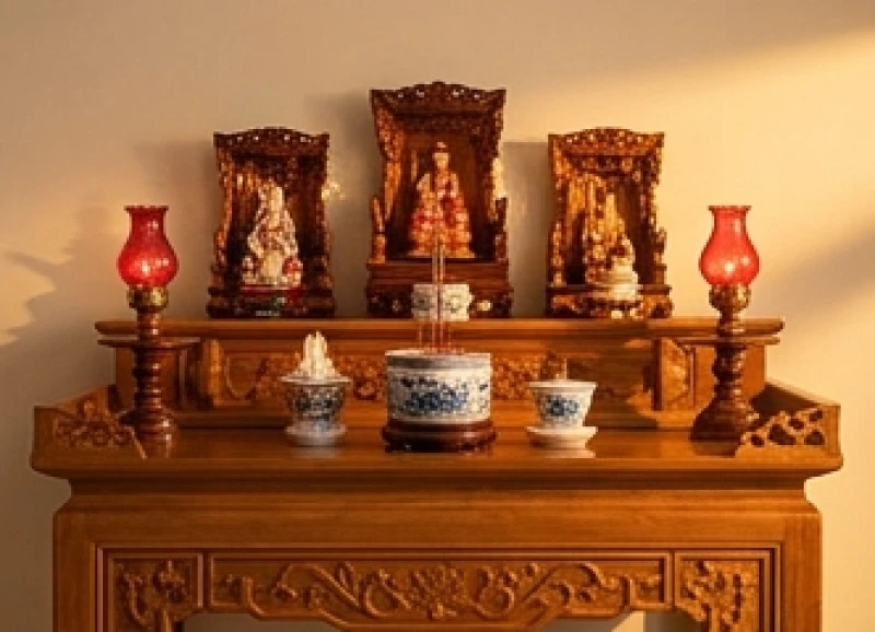 Không gian bàn thờ chung thể hiện thứ tự thờ Thần linh ở tầng trên và Gia tiên ở tầng dưới