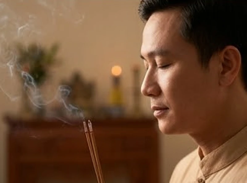 Cận cảnh khuôn mặt thanh tịnh của người đàn ông đang nhắm mắt khấn lầm rầm trước làn khói hương