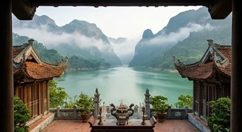 Khung cảnh tĩnh lặng và uy nghiêm tại khu vực chiêm bái, nơi tín chủ dâng lễ cầu bình an sông nước